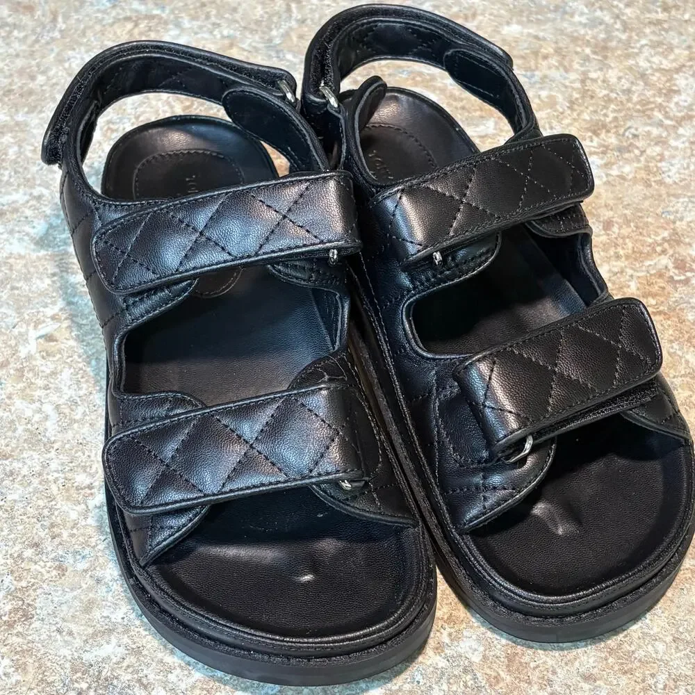 Tony Bianco Hiranni Black Sheep Nappa Leather Quilted Dad Sandals Size 38